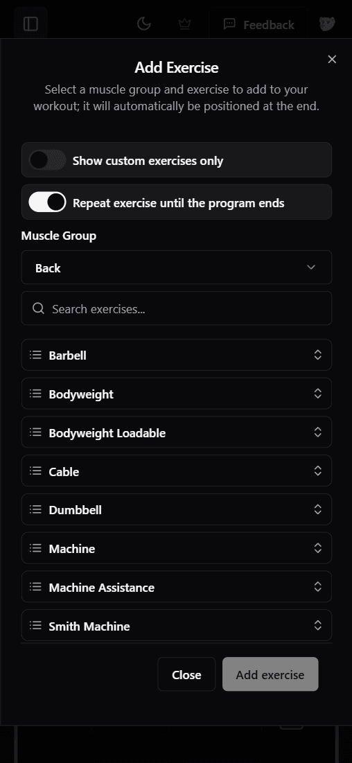 Barelog Feature: Add Exercises