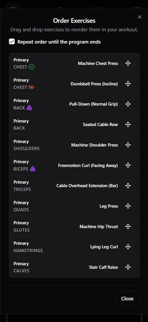 Barelog Feature: Reorder Exercises